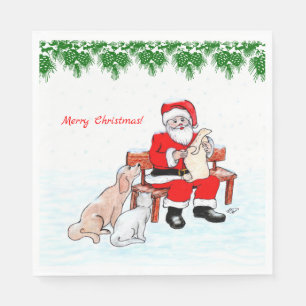 Serviette En Papier Joyeux Noël - Père Noël avec chat et chien
