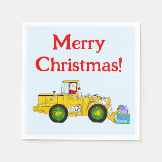 Serviette En Papier Joyeux Noël Père Noël En Bulldozer Livrant Cadeau (Devant)