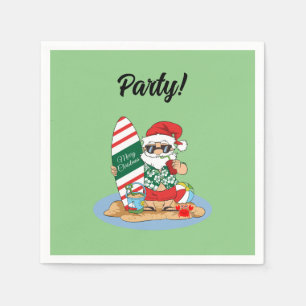 Serviette En Papier Joyeux Noël Père Noël sur la plage de Surf d'été