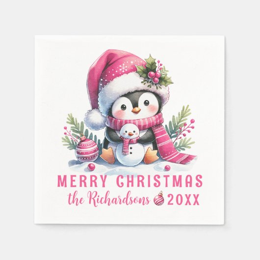 Serviette En Papier Joyeux Noël personnalisé mignon pingouin rose (Devant)
