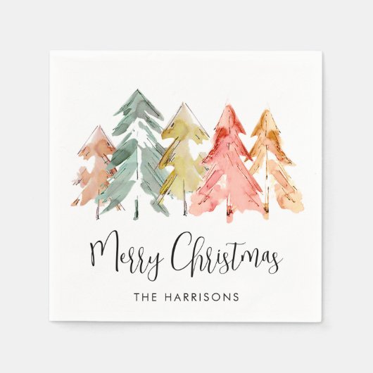 Serviette En Papier Joyeux Noël Pine Arbres Aquarelle Vacances (Devant)