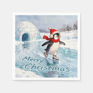 Serviette En Papier Joyeux Noël Pingouin Patinage sur Glace
