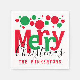 Serviette En Papier Joyeux Noël Red Green Dots Typographie Monogramme