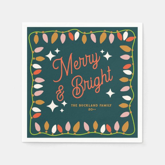 Serviette En Papier Joyeux Noël rétro et lumières vertes (Devant)
