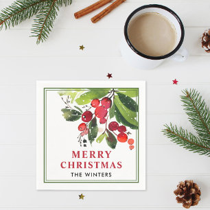 Serviette En Papier Joyeux Noël Rouge Aquarelle Verdure Monogramme