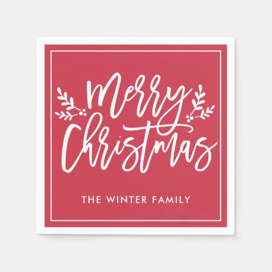 Serviette En Papier Joyeux Noël Rouge moderne Script Holiday (Devant)