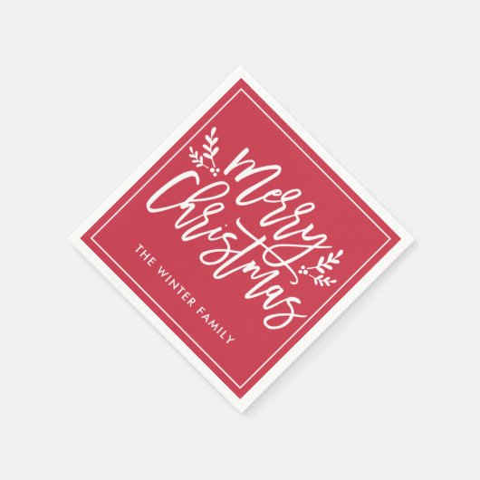 Serviette En Papier Joyeux Noël Rouge moderne Script Holiday (Coin)