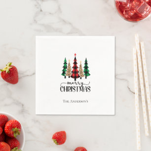 Serviette En Papier Joyeux Noël Rouge Vert Plaid Arbres personnalisés