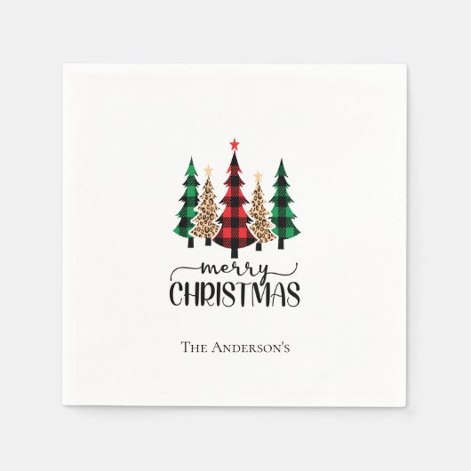 Serviette En Papier Joyeux Noël Rouge Vert Plaid Arbres personnalisés (Devant)