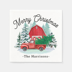 Serviette En Papier Joyeux Noël Russe Camion Rouge Ferme Blanc