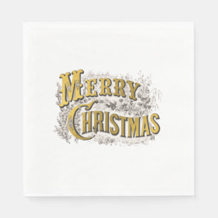 Serviette En Papier Joyeux Noël Rustique Vintage or blanc