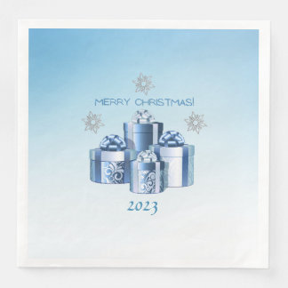 Serviette En Papier Joyeux Noël Silver & Blue Presents & Snowflake