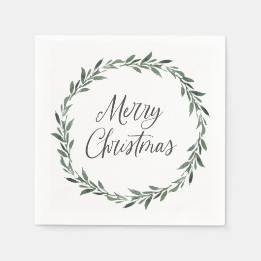 Serviette En Papier Joyeux Noël Simple Rustique Aquarelle Verdure (Devant)