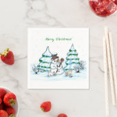 Serviette En Papier Joyeux Noël ! Snowman avec chat et chiot (En situation)