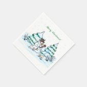 Serviette En Papier Joyeux Noël ! Snowman avec chat et chiot (Coin)