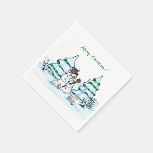 Serviette En Papier Joyeux Noël ! Snowman avec chat et chiot (Coin)