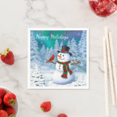 Serviette En Papier Joyeux Noël Snowman & Birds Winter Scene (En situation)