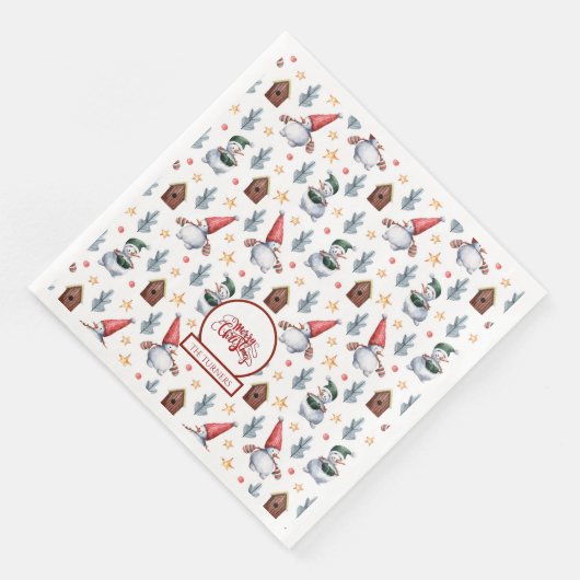 Serviette En Papier Joyeux Noël Snowman Snowflakes Monogramme (Coin)
