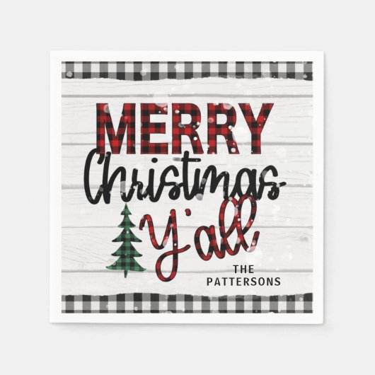 Serviette En Papier Joyeux Noël Y'all Rustic Plaid Trees Nom (Devant)