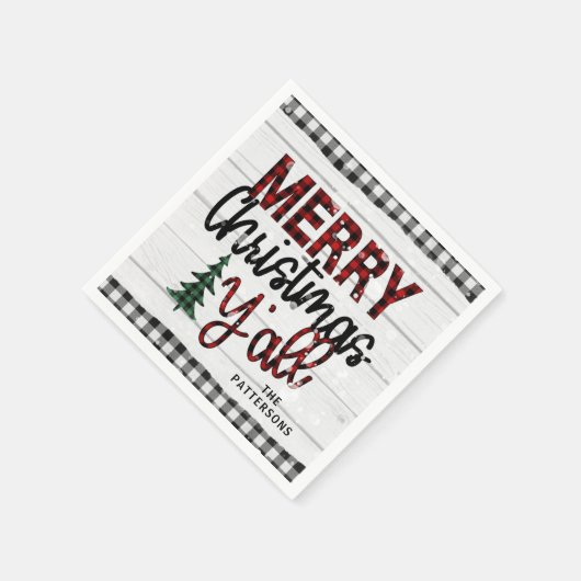Serviette En Papier Joyeux Noël Y'all Rustic Plaid Trees Nom (Coin)