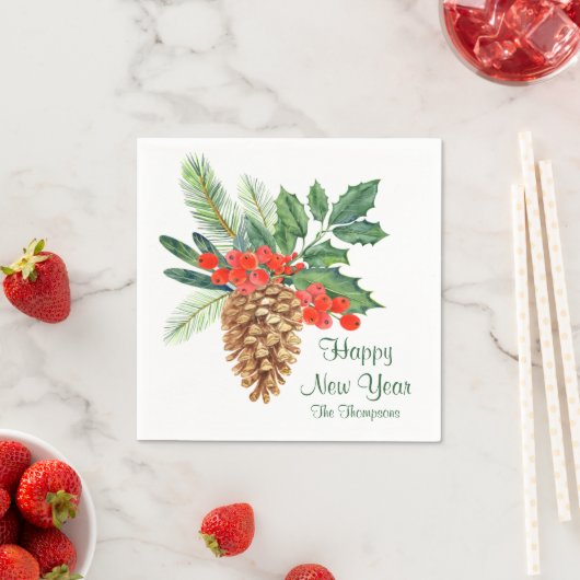 Serviette En Papier Joyeux Nouvel An Pine Holly Aquarelle Nom Floral (En situation)