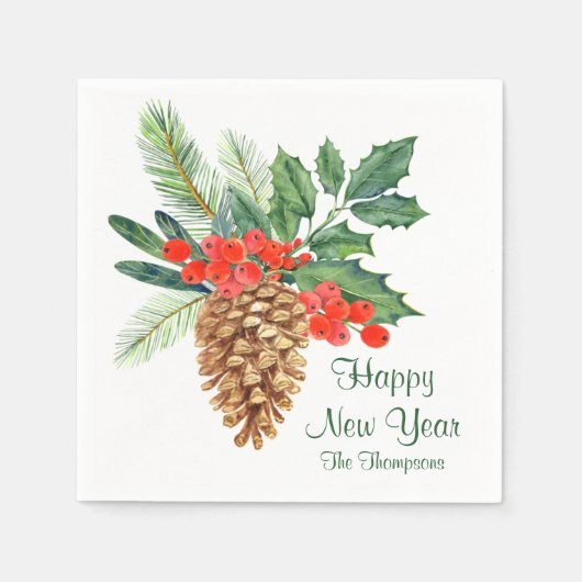 Serviette En Papier Joyeux Nouvel An Pine Holly Aquarelle Nom Floral (Devant)