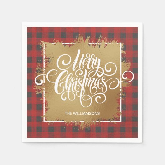 Serviette En Papier Joyeux or Buffle de Noël Plaid (Devant)