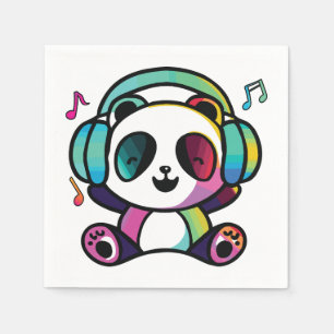 Serviette En Papier Joyeux Panda avec écouteurs écoutant de la musique