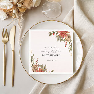 Serviette En Papier Joyeux petit Baby shower rose rouge & or Noël