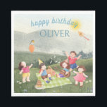 Serviette En Papier Joyeux Pique-nique Editable Birthday Kids Boy Invi<br><div class="desc">Cette carte d'invitation à l'anniversaire de la petite fille amusante et mignonne présente une scène de pique-nique joyeuse entourée par la nature, l'air frais et le ciel ensoleillé. Nous voyons des enfants jouer, un cerf-volant, un ballon, un gâteau, une guitare, un panier de pique-nique et un petit oiseau assis sur...</div>