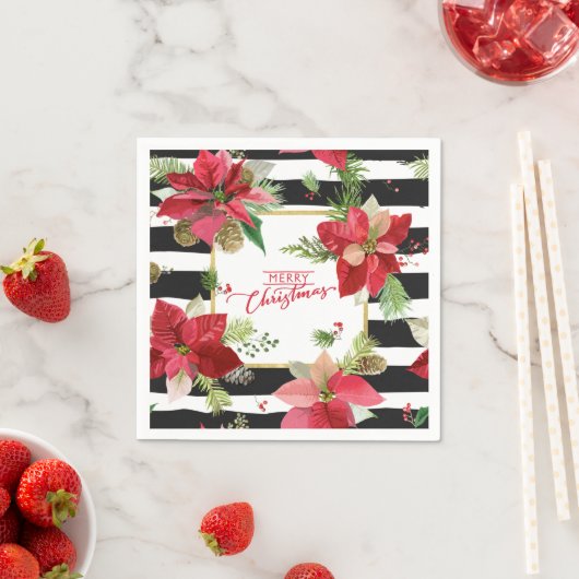 Serviette En Papier Joyeux Poinsettias de Noël, serviettes en bande no (En situation)