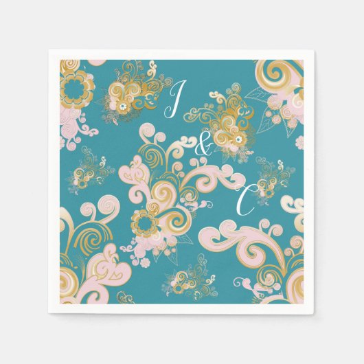 Serviette En Papier Joyeux rose Abstrait, bleu ciel - Fleurs roses (Devant)