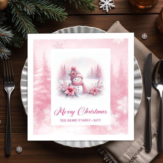 Serviette En Papier Joyful Pink Snowman Kids Christmas Scene Winter 