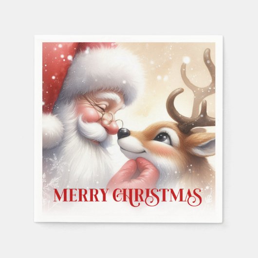 Serviette En Papier Joyful Santa and Rudolph Christmas Napkins Dinner  (Devant)