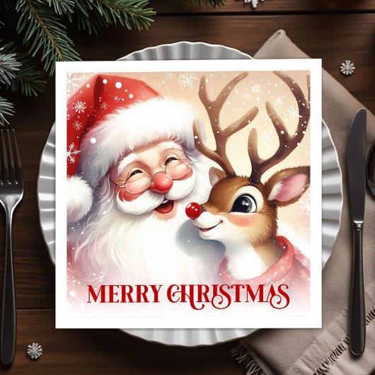 Serviette En Papier Joyful Santa and Rudolph Christmas Napkins Dinner 