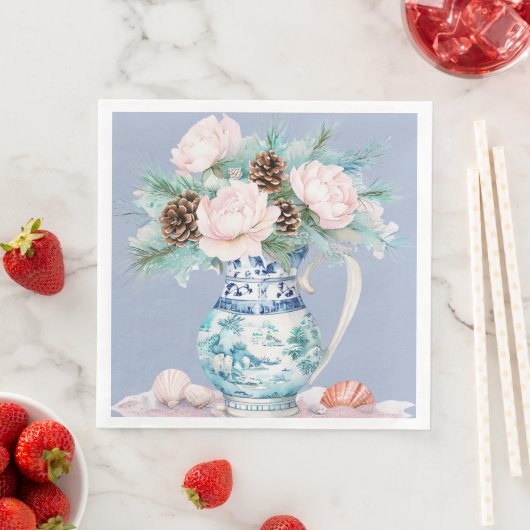Serviette En Papier Jug de Chinoiserie avec Pinecones et Coquillages (En situation)
