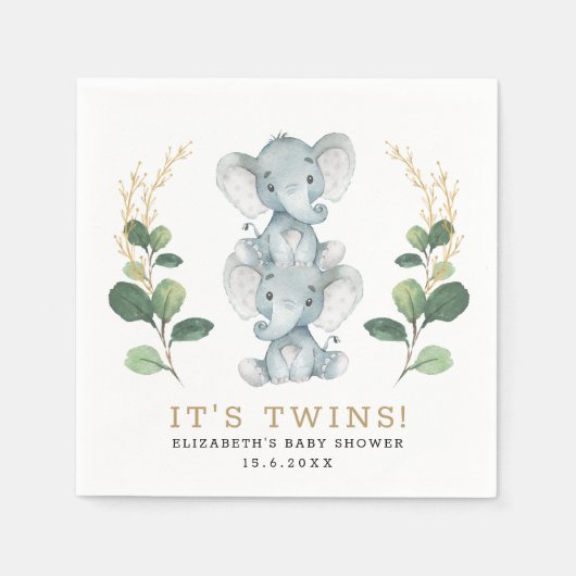 Serviette En Papier Jumeaux neutres Eléphant Vert Baby shower Or (Devant)