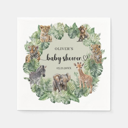 Serviette En Papier Jungle Safari Animaux Verdure Baby shower Garçon (Devant)
