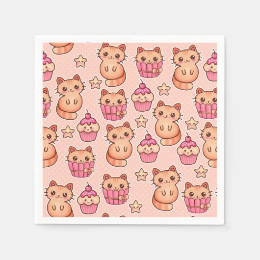 Serviette En Papier Kawaii Cute Cats and Cupcakes Motif rose (Devant)