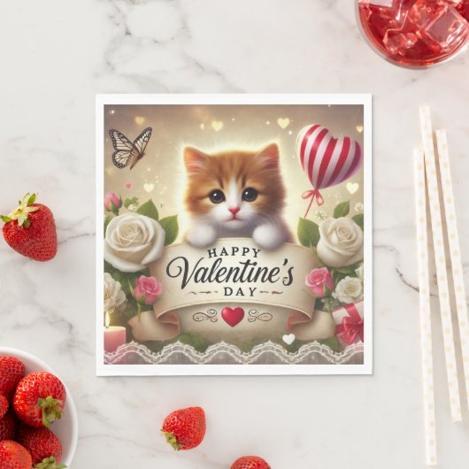 Serviette En Papier Kitten adorable avec Roses, bougies et coeurs (En situation)
