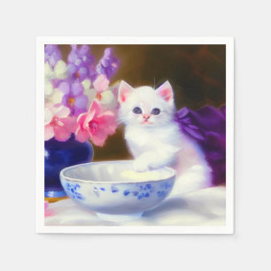 Serviette En Papier Kitten blanc vintage avec ruban violet