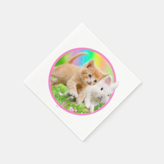 Serviette En Papier Kitten & Bunny avec arc-en-ciel (Coin)