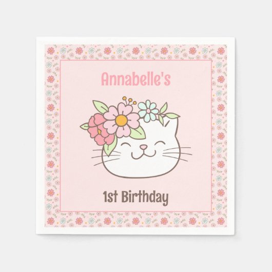 Serviette En Papier Kitten Kitty Chat Rose fille 1er Anniversaire serv (Devant)