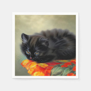 Serviette En Papier Kitten noir vintage avec couverture de fleurs roug