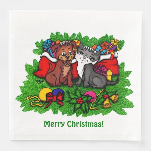 Serviette En Papier Kitty et chiot, Happy XMas (Devant)