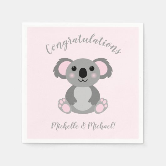 Serviette En Papier Koala ours Baby shower fille rose (Devant)