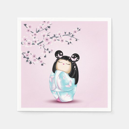 Serviette En Papier Kokeshi Poupée rose Turquoise Filles Anniversaire (Devant)