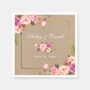 Serviette En Papier Kraft Aquarelle rose Blush Floral Mariage or
