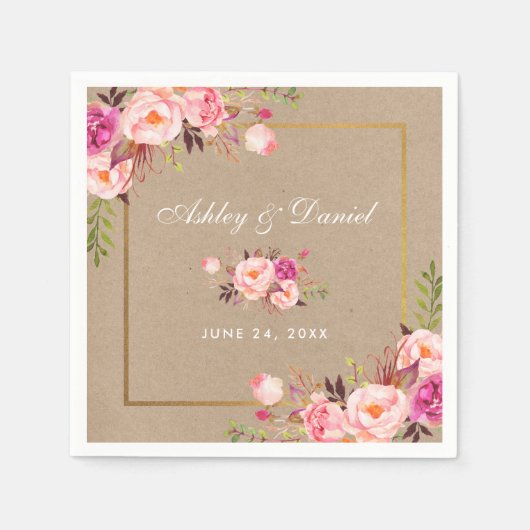 Serviette En Papier Kraft Aquarelle rose Blush Floral Mariage or (Devant)
