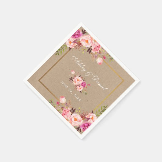 Serviette En Papier Kraft Aquarelle rose Blush Floral Mariage or (Coin)